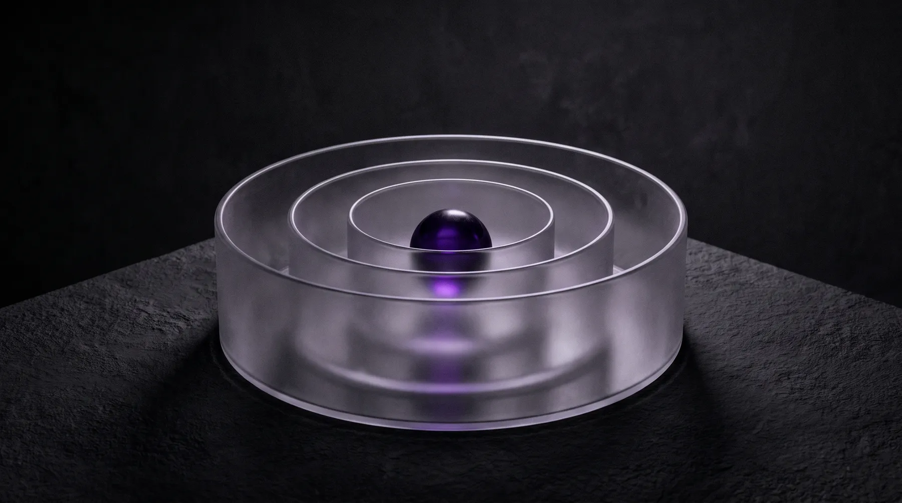 Three nested glass enclosures with a single purple glow at the centre.